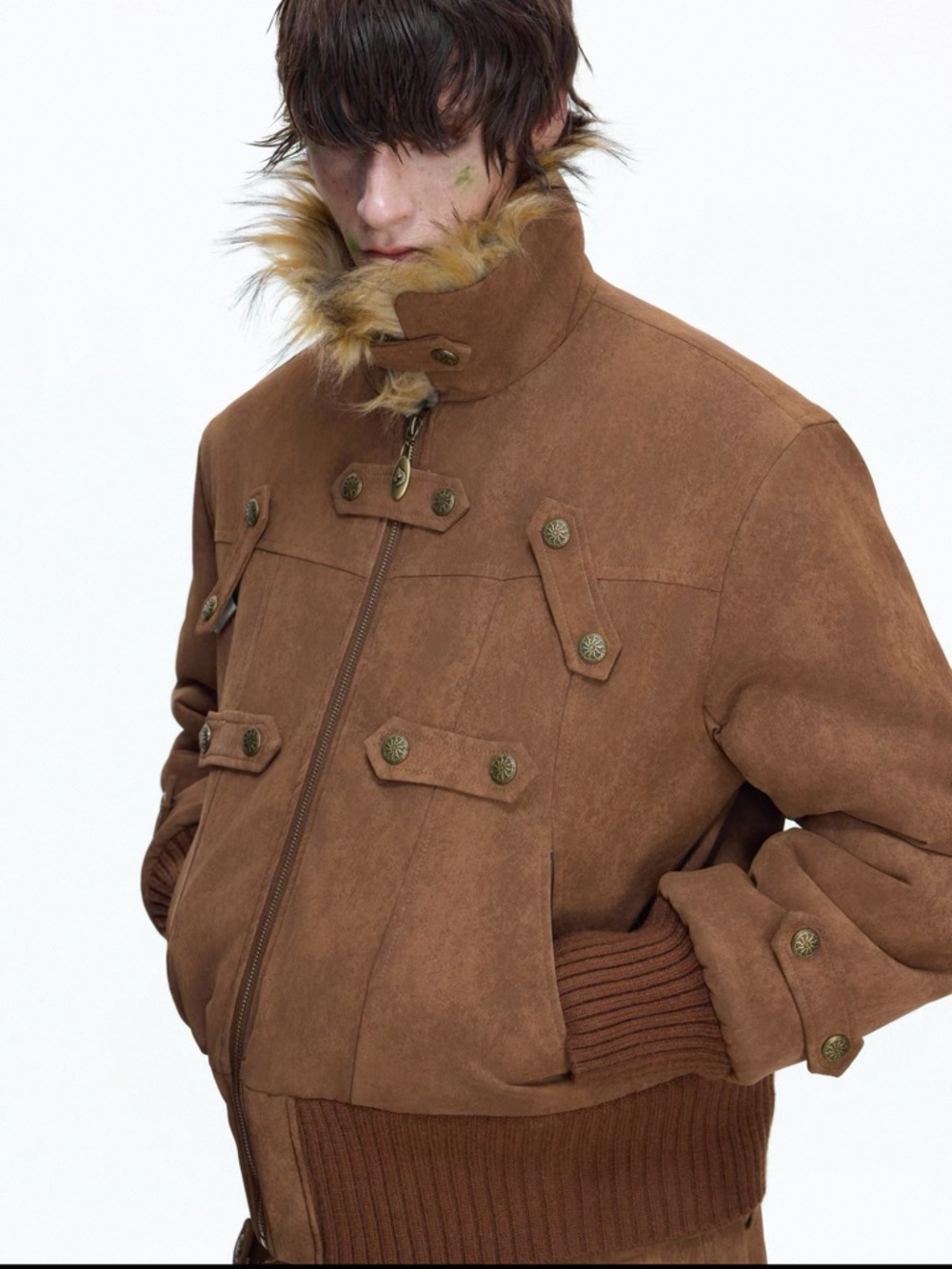 Men's Brown Faux-Suede Bomber Jacket with Fur Collar